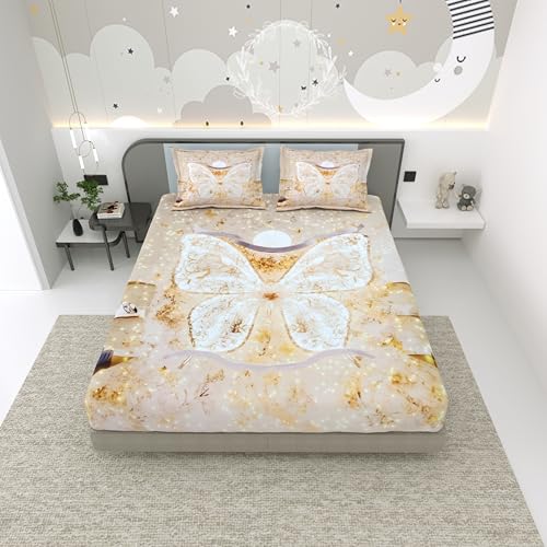 Image of Dream Weaverz 7D Bedsheet for Double Bed King Size with 2 Pillow Covers | Digital Printed & Fitted Elastic for Kids | Soft Glaze Cotton Feel | Fits Upto 12 Inch Mattress (Butterfly)