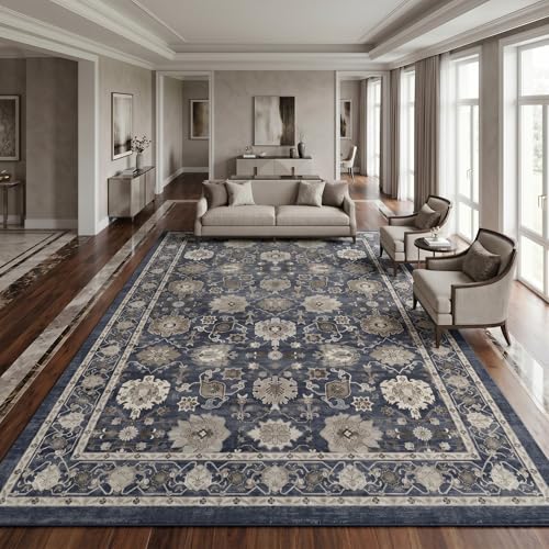 Amada Vintage Washable Area Rug,9'x12',Navy Blue/Brown