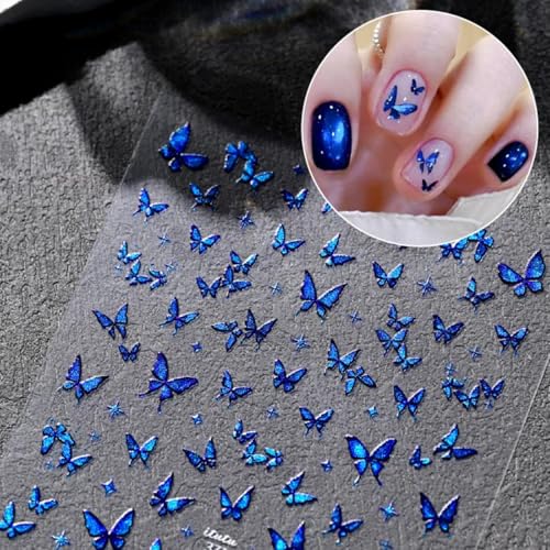 Image of Butterfly Nail Stickers Blue Nail Decals for Nails Art with Glitter Design Shiny Nail Art Stickers 5D Embossed Self Sdhesive for Women Girls Nails Decoration Accessories Supply