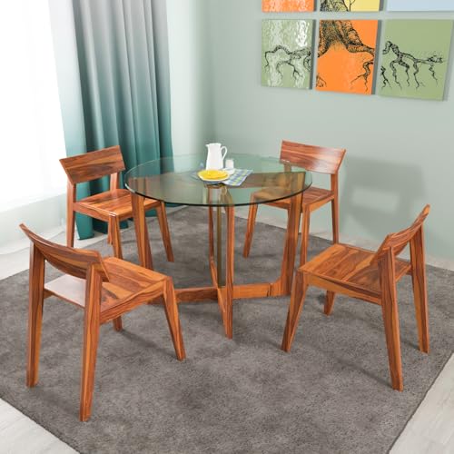 Image of Solid Sheesham Wood Dining Table Set of 4 | Wooden 4 Seater Dining Table with 4 Low Height Chairs | Wood Dining Table & Chairs for Home, Restaurant, Cafe, Dining Room | Honey Finish