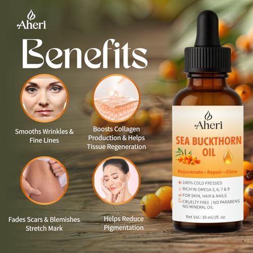 Image of Sea Buckthorn Oil 30 Ml for Face, Skin, Hair & Nails | Pure Cold Pressed | Rich in Omega 3 6 7 9 Fatty Acids Supplement | Anti Aging, Hydrating & Brightening Cold Pressed Sea Buckthorn Pulp Oil | Natural Glow, Repair & Nourishment - (Pack of 1)