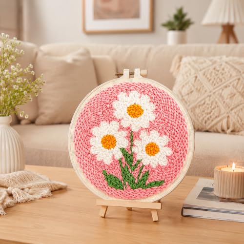 Image of Punch Needle Kit for Beginners Adults-Flower Daisy,with Video Tutorial | Punch Needle Kits Adults Beginner,HD Pre-Printed Fabrics,with Embroidery Hoop,Stress Relief Craft,DIY Great Gift,7.8x7.8In