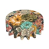 Giwawa Boho Flower Tablecloth Round 60 Inch Colorful Mexican Mandala Bohemian Floral Circle Decorative Table Cloth Cover Waterproof Wrinkle-Free for Kitchen Dining Room Indoor Outdoor Farmhouse Party