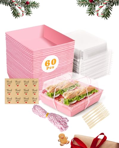60 Pack Pink Charcuterie Boxes with Clear Lids, Individual 5 Inches Small Paper Charcuterie Bakery To Go with Lid - Disposable Party Favor Boxes for Food, Sushi, Cookie, Cake Slice, Dessert, Sandwich