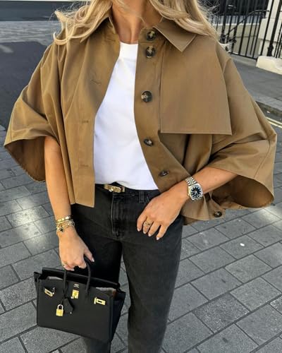 Cicy Bell Womens Oversized Cropped Trench Coats Single Breasted 3/4 Cape Sleeve Trendy Casual Jackets Button up Outerwear2