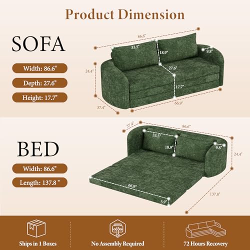 Image of Vesgantti 86.6 inch Convertible Futon Sofa Bed, 2 in 1 Folding Couch, Green