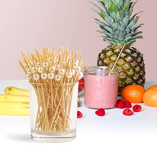 100Pcs Cocktail Picks, Fancy Toothpicks For Appetizers Handmade Bamboo Appetizer Skewers Sticks White Pearl Food Picks For Wedding Holiday Party Food Fruit Drinks (4.7 Inch) #TOP6