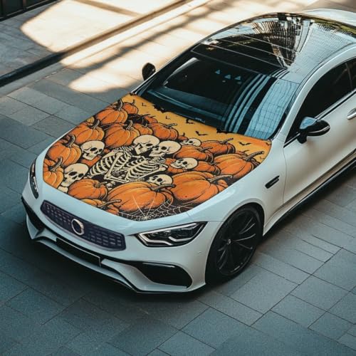Image of Skeleton Pumpkin Print Car Hood Cover Easy to Install Fabric Hood Cover Halloween Vehicles Decorate Engine Removable Automotive Accessories Personalized Suitable for Cars(59x39 Inch)