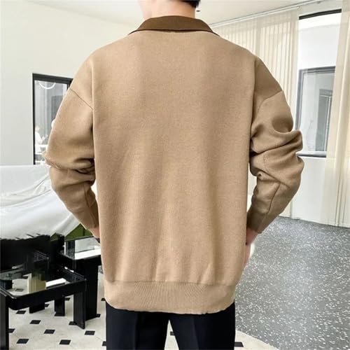 Mnjyihy Men Lapel Zipper Spliced Knitted Sweaters Casual Long Sleeve Business Slim Fit Pullover Sweater with Pockets2