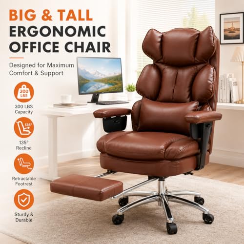 Image of Big and Tall Ergonomic Office Chair with Footrest, Executive High Back PU Leather Desk Chair, Reclining Computer Chair with Adjustable Lumbar Support and Armrests, Swivel Rolling Gaming Chair, Brown