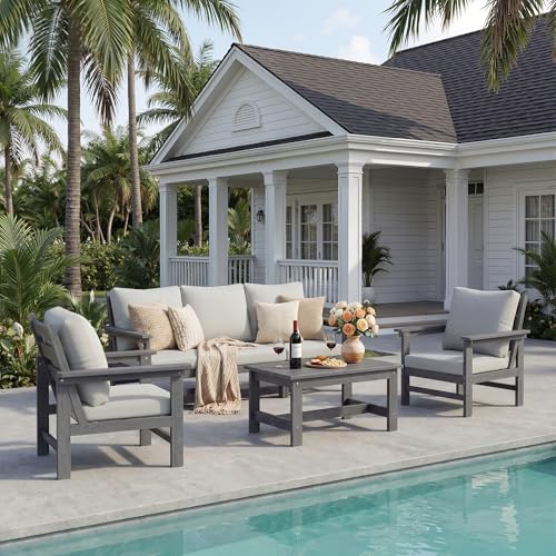 Image of HDPE Patio Furniture Set 6 Piece Outdoor Modular Furniture Set with Cushion