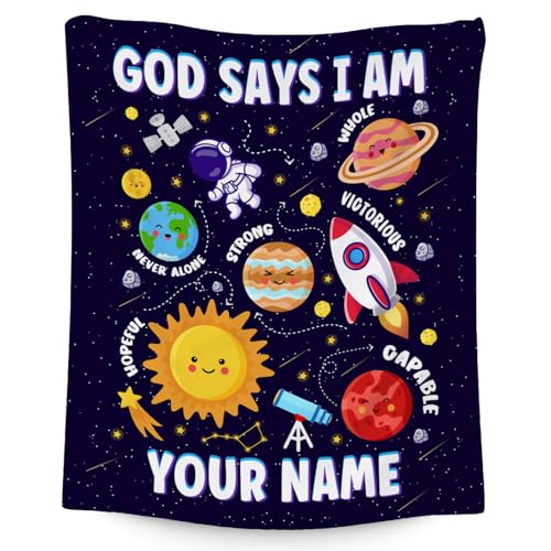 Custom Planet Blanket, Cozy Soft Throw Gifts for Boys, 40x50 Inch Cute Flannel Blanket for Planet Lovers, God Says I Am Throw Blankets for Couch Sofa