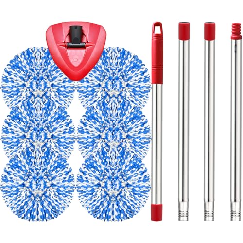 FXLZYIPZ Spin Mop Replace Head, Base, Handle Compatible with Microfiber Spin Mop, 6 Mop Refills Replacement Heads, 30-58in Mop Handle and 1 Mop Base Combo Set (Blue-)