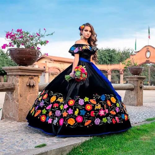 Off The Shoulder Sleeves Flower Embroidered Blue Belt Quinceanera Dresses Charro Sweet 15 Dress 20252