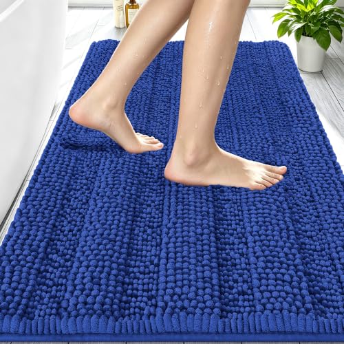 Image of Smiry Thick Chenille Bathroom Rugs 30x20, Absorbent Bath Mat, Royal Blue | Quick‑Dry & Machine Washable, Non‑Slip Bath Carpet, Soft Striped Bath Rugs for Tub & Shower, Modern Home Decor Accessories