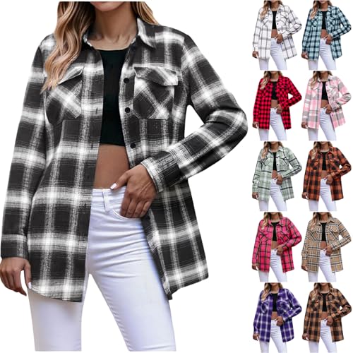 Womens and Girls Plaid Flannel Shirts - Fashion Long Sleeve Butto...
