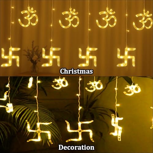 Image of fizzytech Om Swastik Curtain String Lights with 8 Lighting Modes, Warm White Decorative Hanging Fairy Lights for Home, Temple, Diwali, Christmas, Bedroom, Window & Party Decoration