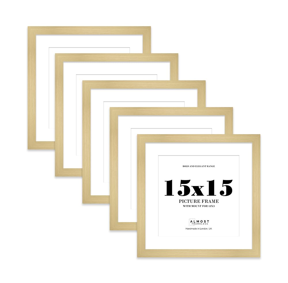 15x15" Gold Square Frame With Mount for 13x13" Pictures 28mm Edge Frame Display with Wall Hooks, 5 Pack