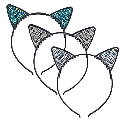 Lux Accessories Black Faux Silver Rhinestones Kitty Cat Ears Headband Set of 3