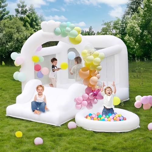 White Bounce House, Inflatable Bounce House with Slide&Ball Pit,11x11FT Inflatable Bounce Castle with Air Blower for Wedding Party Kids Birthday Party, Durable Oxford Cloth… (White Bounce House)