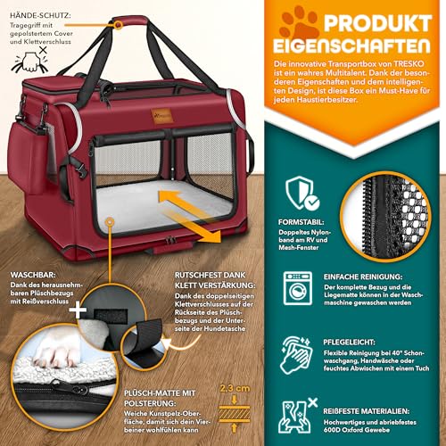 TRESKO® Hundebox faltbar inkl. Leckmatte, Spatel & Reflektoren M 61x42x42cm | Transportbox für Hunde und Katzen | Hundetransportbox Auto für kleine & große Hunde | Hundetasche robust Rot