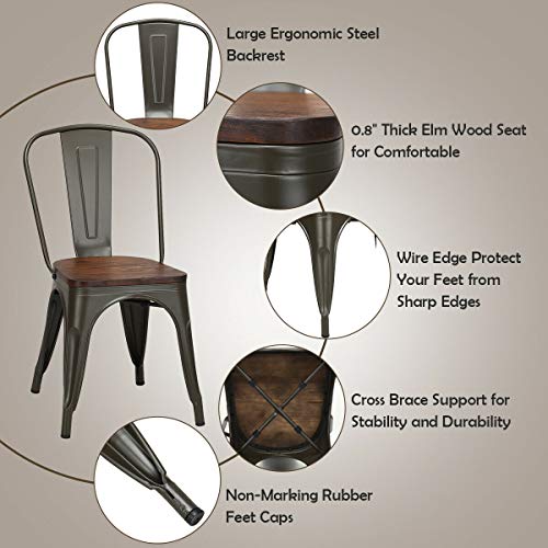 Costway 18 Inch Dining Chair Set Of 4, Industrial Vintage Stackable Metal Chairs, Counter Bar Chairs With High Backrest, Wood Seat, For Home, Kitchen And Cafe Bar Use #TOP5