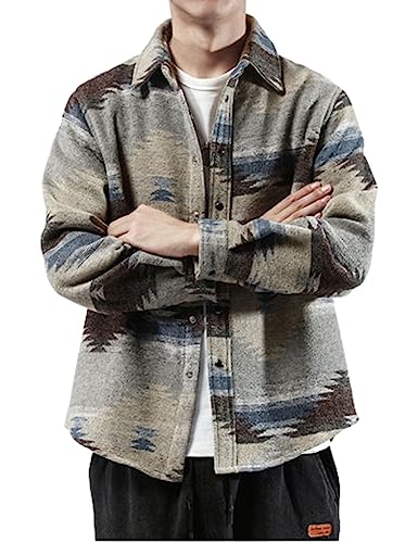 FindThy Men’s Brushed Flannel Shirts Ethnic Aztec Print Button Up Lapel Tribal Shirt Jacket Shacket2