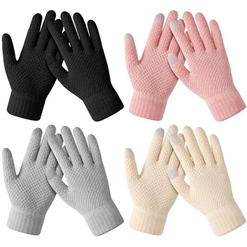 Loiyadn Winter Gloves - 4 Pairs Women's Winter Gloves, Winter Touchscreen Gloves Women Men, Warm Knit Gloves for Cold Weather