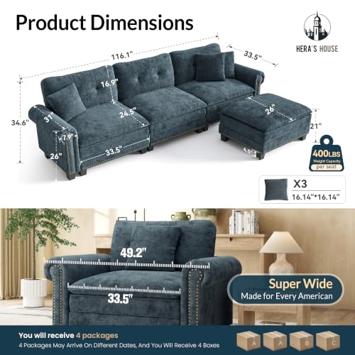 Image of HERA'S HOUSE 116 inch Oversized L Shaped Modular Sectional Couch Living Room | Mid-Century Modern 4-Seater Cloud Sofa, Cyan, Rolled Arms & Nailhead Trim, Wider & Deeper Seats, Ottoman, Chenille