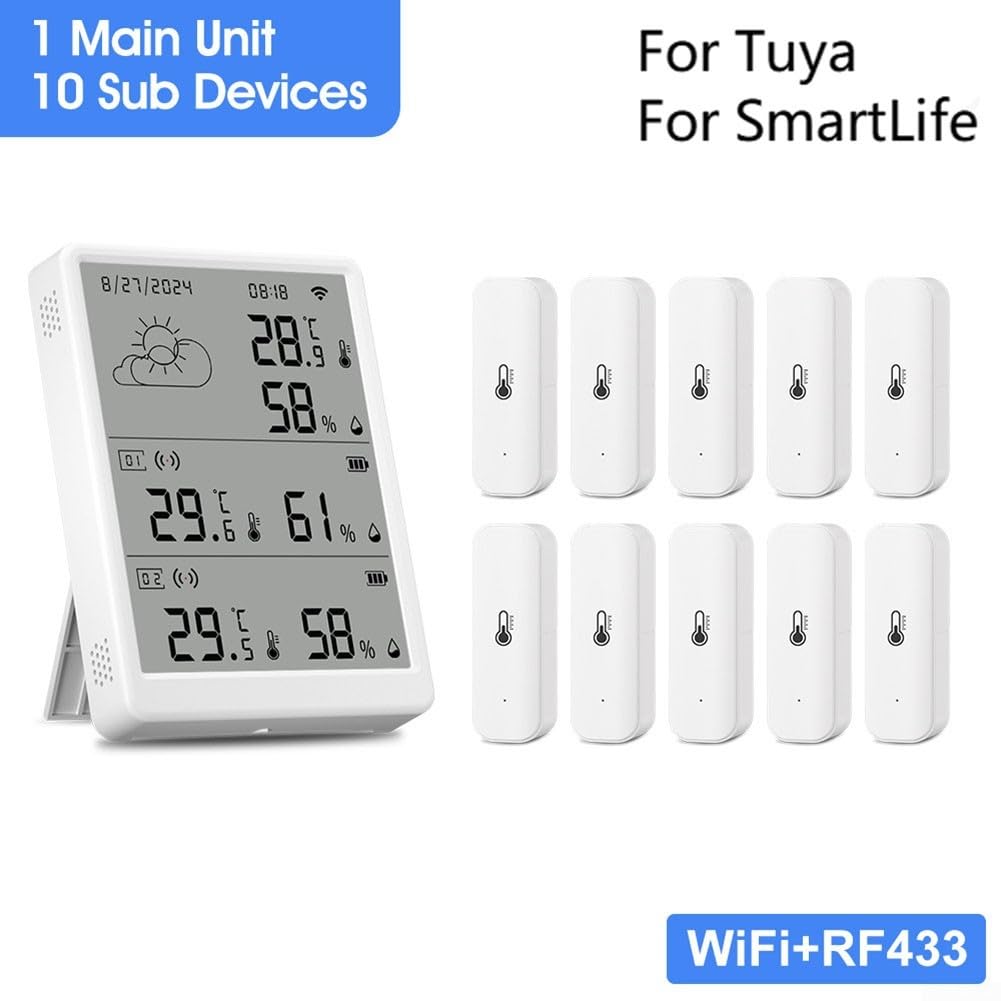 WiFi Hygrometer Thermometer Sensor mit LCD-Bildschirm, RF433 Temperatur- und Feuchtigkeitsmonitor für Tuya-Smart-Life App, 100 m Reichweite, Sprachsteuerung über Alexa, Weiß (1 x Monitor + 10 x Sensor