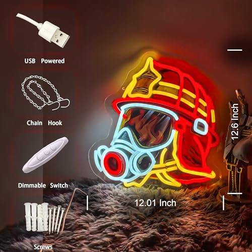 Image of Fire fighter Helmet LED Neon Sign USB Powered for Wall Decor,True Hero Firefighting Neon Night Light Sign Dimmable for Man Cave Room Party Decor, Firefighter Gifts for Men