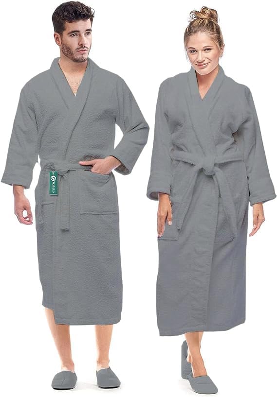 Luxury Cotton Terry Shawl Bathrobe Collar Robe with Slippers – One Unisex Spa Robe – Bathrobe for Men & Women