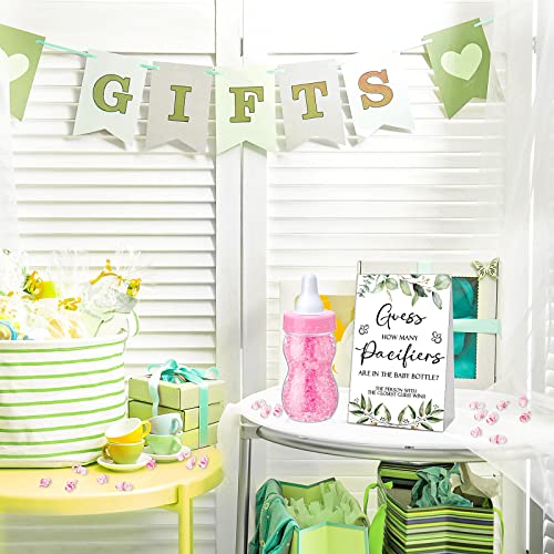 Image of Roowest 512 Pcs Baby Shower Games Guess How Many Pacifiers Sign 100 Small Guessing Games 10 HB Pencils 750ml Milk Bottle 400 Acrylic Pacifiers Decoration for Guest Gender Reveal(Pink,Plant)