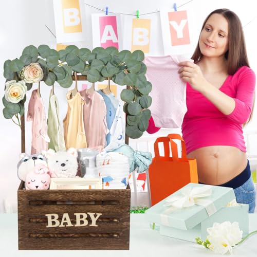 Image of Wooden Baby Shower Crate Closet, Baby Baskets Custom Baby Gifts for Boys and Girls with Baby Hangers, Personalized Basket for Pregnancy New Parent