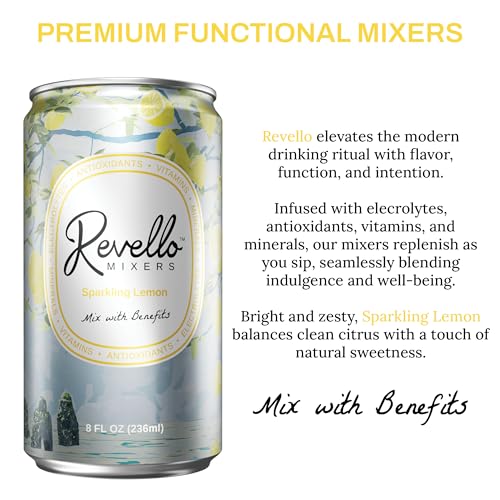 Image of Revello Mixers Sparkling Lemon - Mixer Infused with Electrolytes, Antioxidants, Vitamins & Minerals - Low Sugar & Calories - Premium Beverage for Crafted Cocktails & Mocktails - 8 fl oz (Pack of 4)