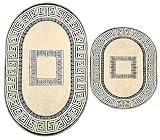 Dora 2- teilig Badgarnitur Oval 60x100cm und 50x 60cm, Badset Vintage für Hänge-WC Badematten Badteppich (grau Creme Ornamente Hänge-WC)
