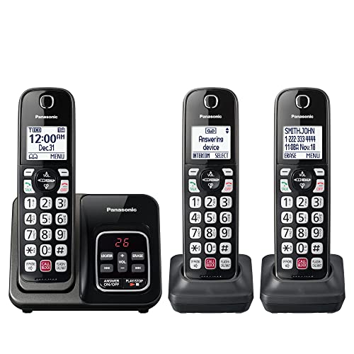 Panasonic Cordless Phone with Answering Machine, Advanced Call Block, Bilingual Caller ID and High-Contrast Display, Expandable System with 3 Handset Cordless Telephones – KX-TGD833M (Metallic Black)