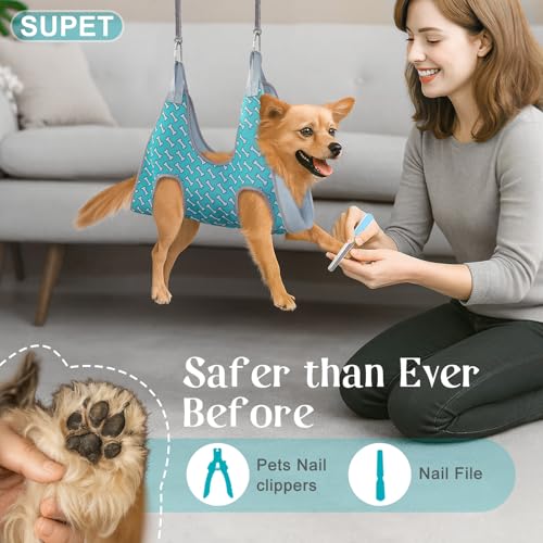 Image of Supet Dog Grooming Hammock Harness for Dogs Cats, Relaxation Pet Nail Clipper Hammock, Restraint Dog & Small Animal Leashes Sling for Groomingk for Nail Trimming (Coral Blue, 2XS)