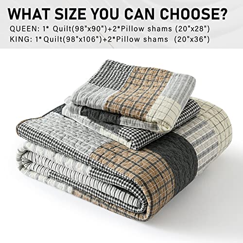 Perhom Quilt Queen Size - 100% Cotton Queen Quilt Sets, Cozy Patchwork Plaid Queen Size Quilt Bedding Set, Grey Brown Beige Lightweight Rustic Farmhouse Reversible Queen Bedspreads For All Seasons #TOP5