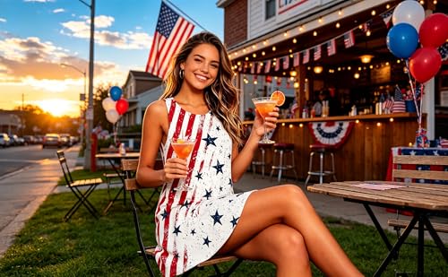 Image of Roshop Womens Juneteenth Flag Sleeveless Dress 4th of July Patriotic Swing Sundress with Pockets