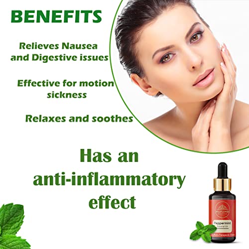 Image of Wildflower Essentials Peppermint Essential Oil 100% Pure & Natural for Face | Skin| Hair | Body Undiluted with Glass Dropper 15ml Bottle