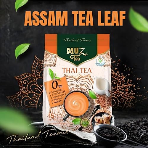 MuzTea Thai Tea Mix Milk Tea Powder 3 in 1 Instant Thai Tea Drink Packets Authentic Assam Tea Leaves For Hot Ice Tea, No Artificial Color 15 Sachets (Thai Milk Tea)