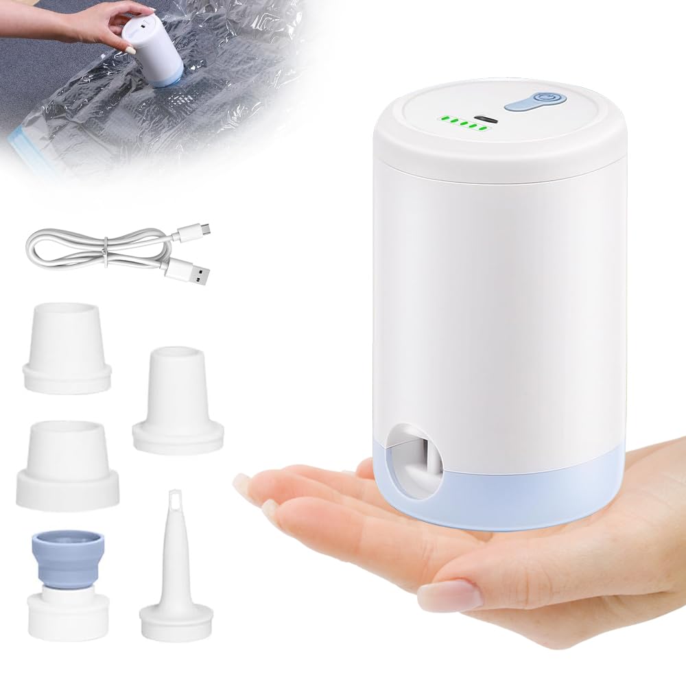 KQWVZ Portable Electric Air Pump, Mini Air Pump with 5 Multiple Nozzles, Type-C Rechargeable, Fast Inflate Deflate Electric AirPumps for Shrinking Clothes, AirMattresses, Swimming Rings