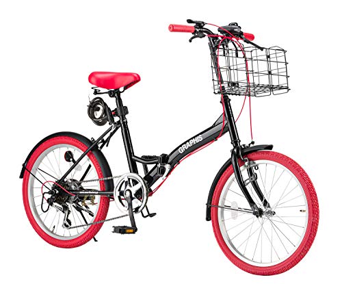 GRAPHIS  GR-FD 折りたたみ自転車 20インチ シマノ製6段ギア 折り畳みカゴ 鍵 ライト 反射シール付属 ブラック/レッド