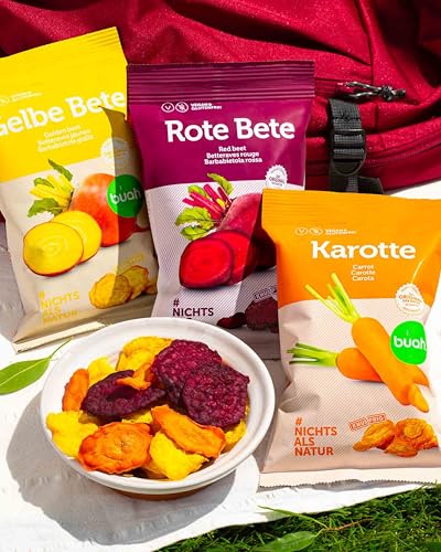 BUAH® Gemüsechips Mix - Karotten, Gelbe & Rote Beete Chips, 100% Natürlich, Ohne Fett, 6x Snack Beutel
