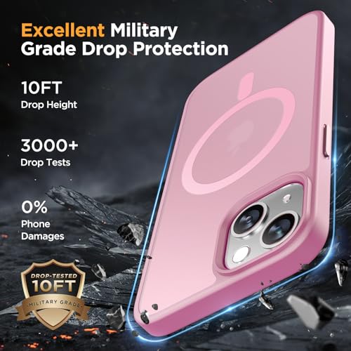 Image of Miracase for iPhone 14 Case [MagSafe Compatible] [2x 9H Tempered Glass] 12FT Military-Grade Drop Protection, Slim Translucent Matte, Anti-Fingerprint, Shockproof with Metal Buttons, Mes-Pink