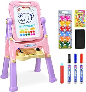 Kids Folding Double Sided Magnetic Drawing Board Easel with Accessories - Colour Chalk, Eraser (Pink)