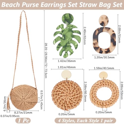 Beebeecraft 4 Pairs Rattan Earrings Set Dark Straw Shoulder Bag for Women Leopard Dangle Acrylic Earring Woven Clutch Handbag Crossbody Vacation Beach Accessories2