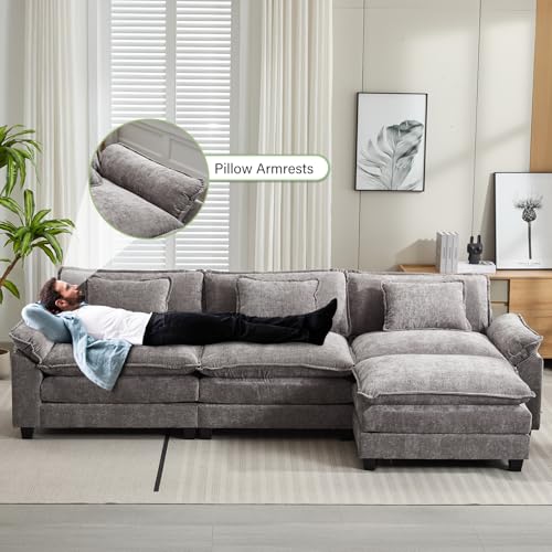 Image of Oprisen 120 inch Modular Sectional Sofa, Comfy Cloud Couch Sectional Sofa with Ottoman, Chenille Sofa Sleeper Deep Seat Sofa with Throw Pillows for Living Room (Light Gray, 120 inch- L Shape)
