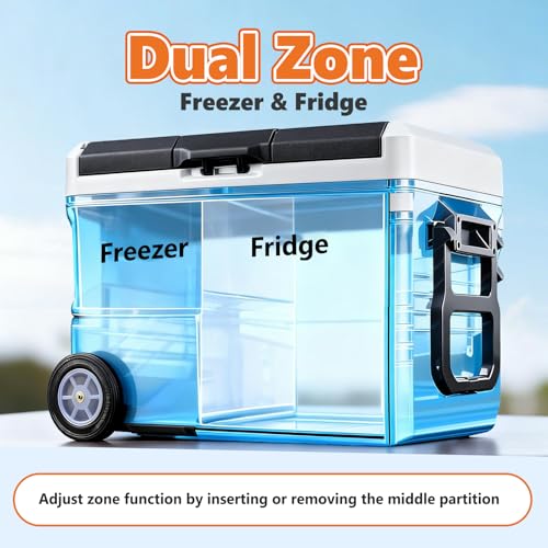 Image of OLIXIS Portable Car Refrigerator, 53QT Dual-Zone Electric Cooler for Vehicles with Wheels & Cutting Board, -4℉-68℉ Freezer Smart Control via Bluetooth, Battery Protection, 12 /24V DC & 100-240V AC